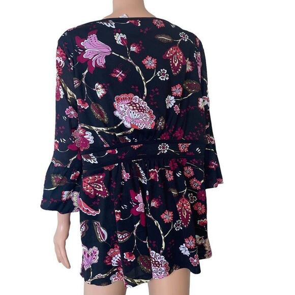 Venezia brand black babydoll floral print 3/4 sleeve lightweight flowy boho 18 - Picture 3 of 6